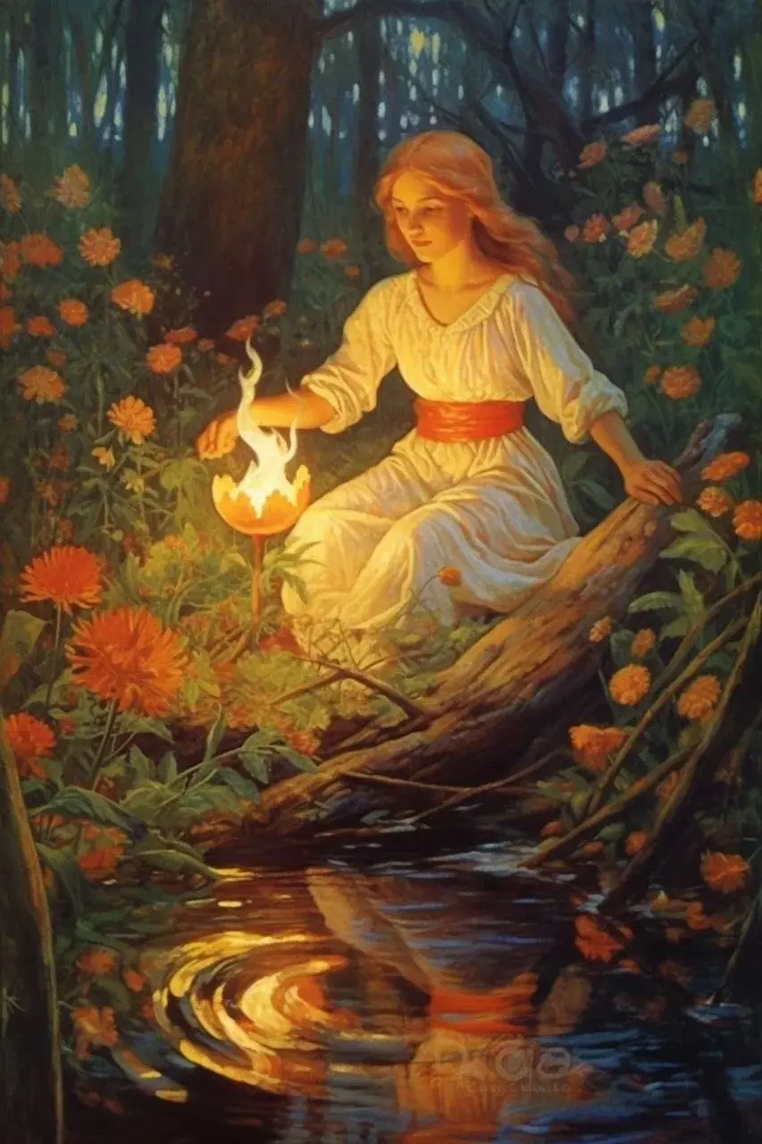 Gemälde: Frau im weißen Kleid sitzt an einem Waldteich zwischen orangefarbenen Blumen und hält eine Flamme in der Hand