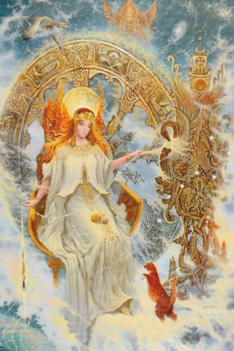 Gemälde der slawischen Göttin Makosch auf einem Thron, die einen Lebensfaden spinnt, umgeben von Wolken, einem Vogel und einer Katze